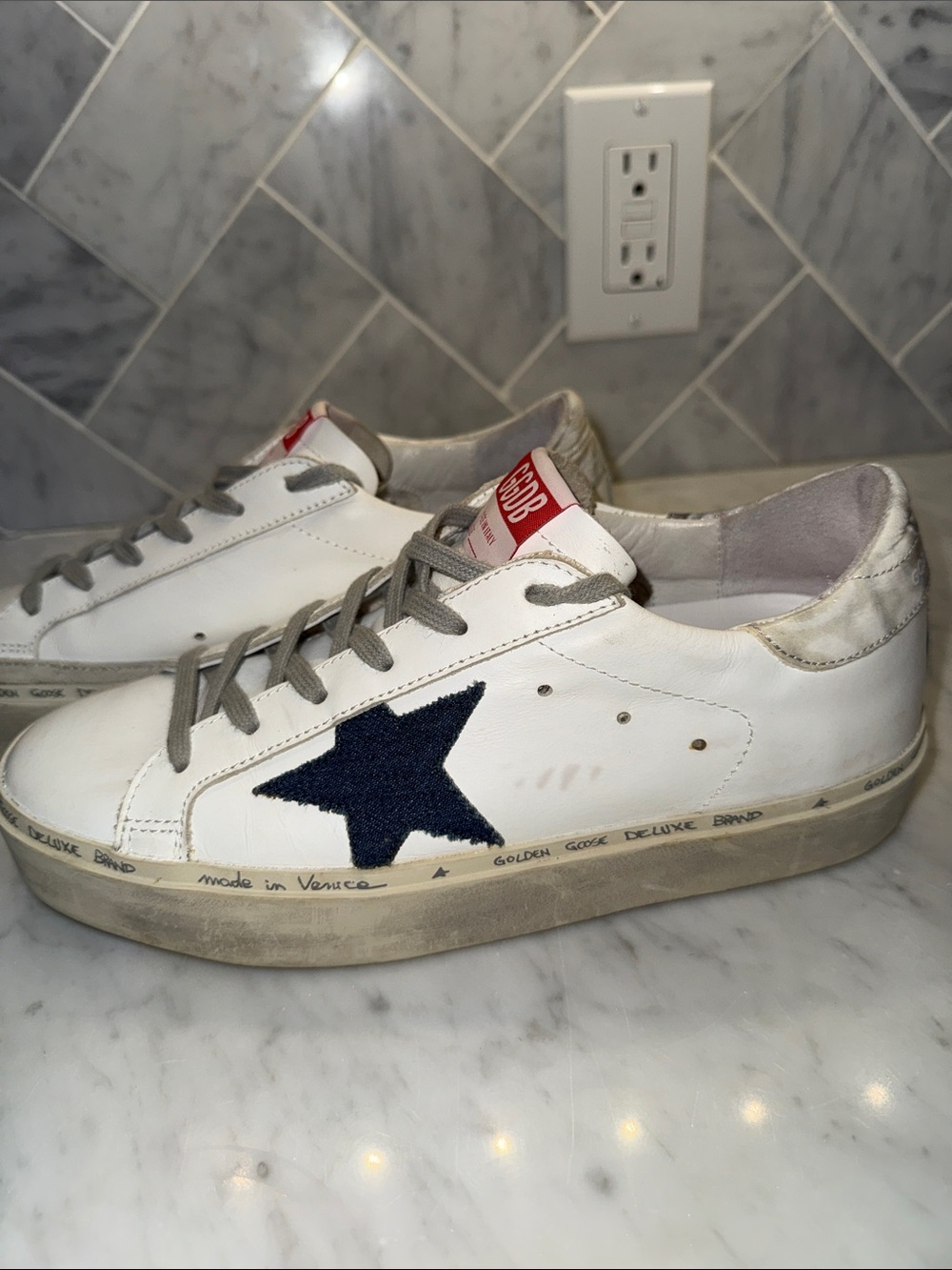 Golden Goose White Leather Sneakers with dark denim Star and Gray Accents - Picture 2 of 5